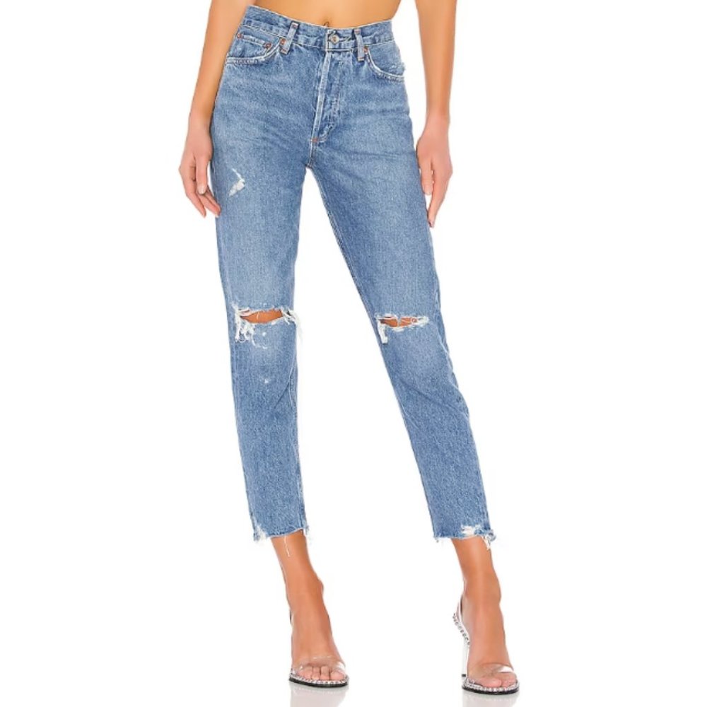 Agolde Jamie High Rise Straight Leg Jeans Distressed Denim Blue Size 24
